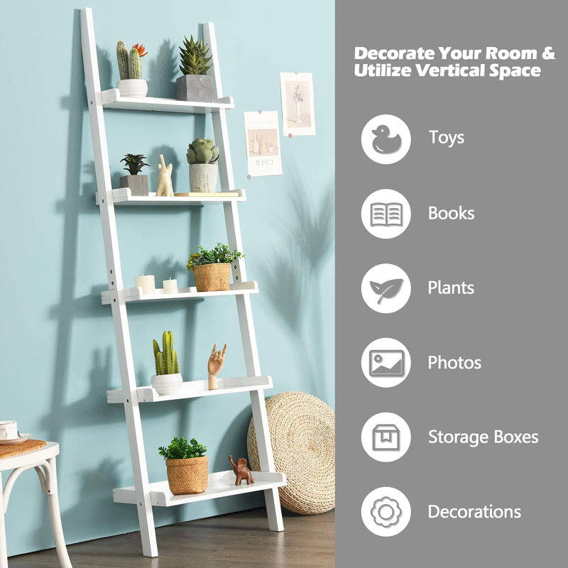 5-Tier Ladder Shelf, Wall-Leaning Bookshelf W/Open Shelves, Plant Flower Stand, Storage Display Organizer Rack, Multifunctional Bookcase For Living Room Home Office