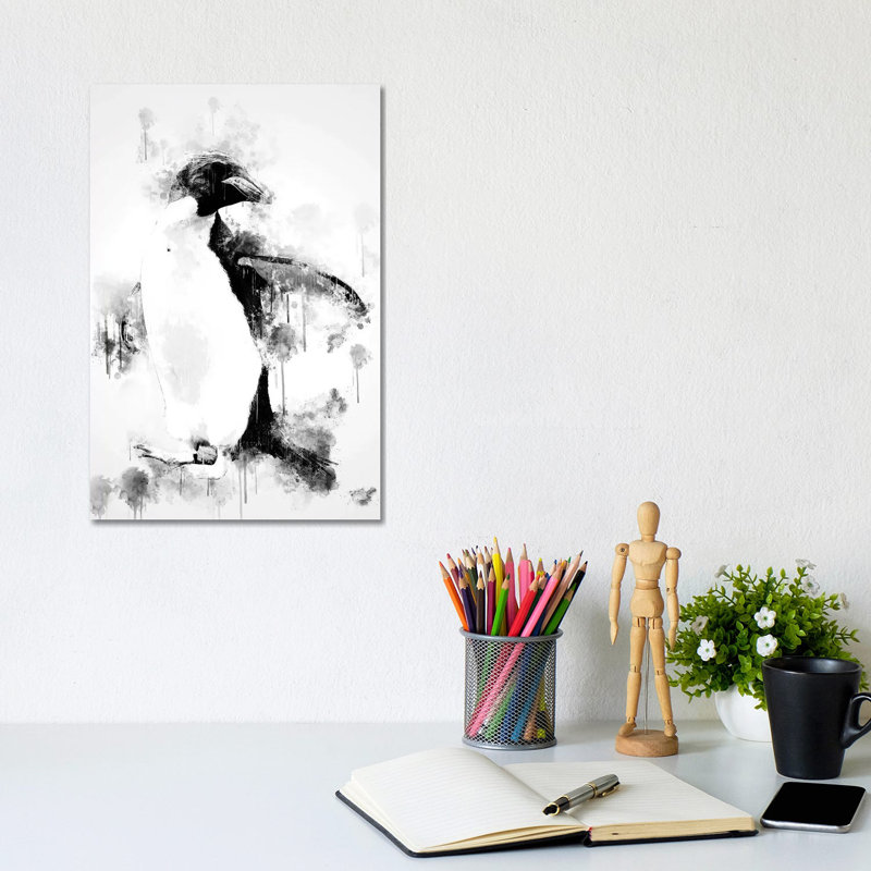 Macaroni Penguin In Black And White by Cornel Vlad - Wrapped Canvas Painting, 30.48cm H x 20.32cm W x 1.905cm D
