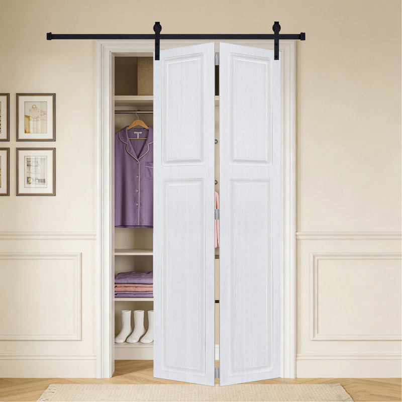 2 panneaux à 2 panneaux pliables de 80 po x 48 po Porte de grange coulissante en bois de noyer blanc avec ensemble de quincaillerie