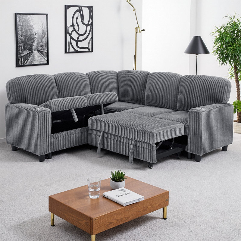 Pull-Out Queen Bed, Hidden 39"x23" Storage, USB-C + Cup Holders, Corduroy Wrap, 400 lb/Seat, Left/Right Bed Swap, 4-Carton Delivery