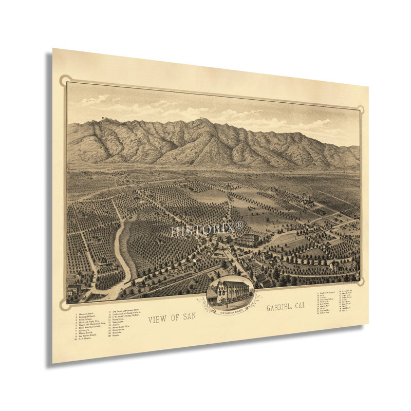 1893, carte de San Gabriel, Californie, affiche sur papier, H 18 po x l 24 po x P 0,01 po