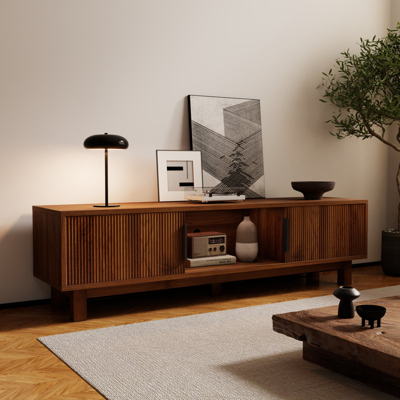 59"W Fluted TV Stands For Tvs Up To 65" With Power Outlets & Storage Compartments, Medium Wood