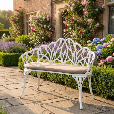 Tulip Garden Bench, Cast Aluminum Outdoor Park Bench with Floral Design, Metal Patio Furniture for Porch & Yard