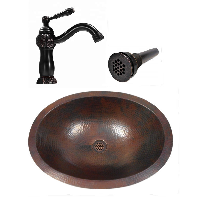 19" Oval Copper Bathroom Sink With 9" Orb Faucet & Grid Drain