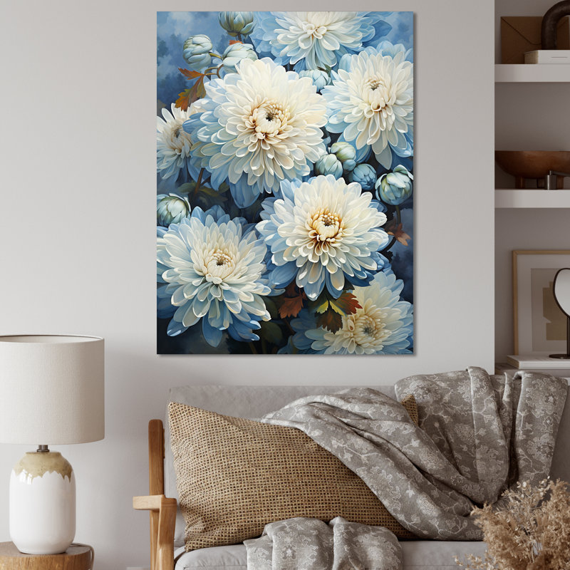 «Blue and White Mums Flowers Elegance II», reproduction sur toile, 20" H x 12" W, Cadre photo argenté