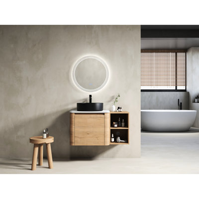36'' Wall - Mounted Bathroom Vanity With Ceramic Art Sink, Storage Shelves, Soft Close Door, Kd Packed, Plywood, Modern Aesthetic Dimension Touch