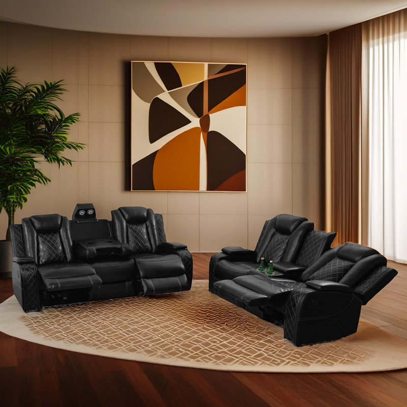 Ensemble de canapé de salon inclinable en cuir végétalien foncé 2 pièces Soren avec porte-gobelets, recharge sans fil et lumières DEL