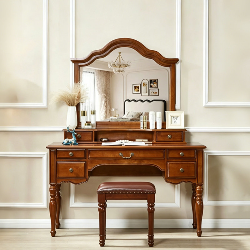 Ensemble de coiffeuse Vintage, petite coiffeuse en bois avec miroir et tabouret rembourré, 68.11" H x 47.24" W x 18.9" D