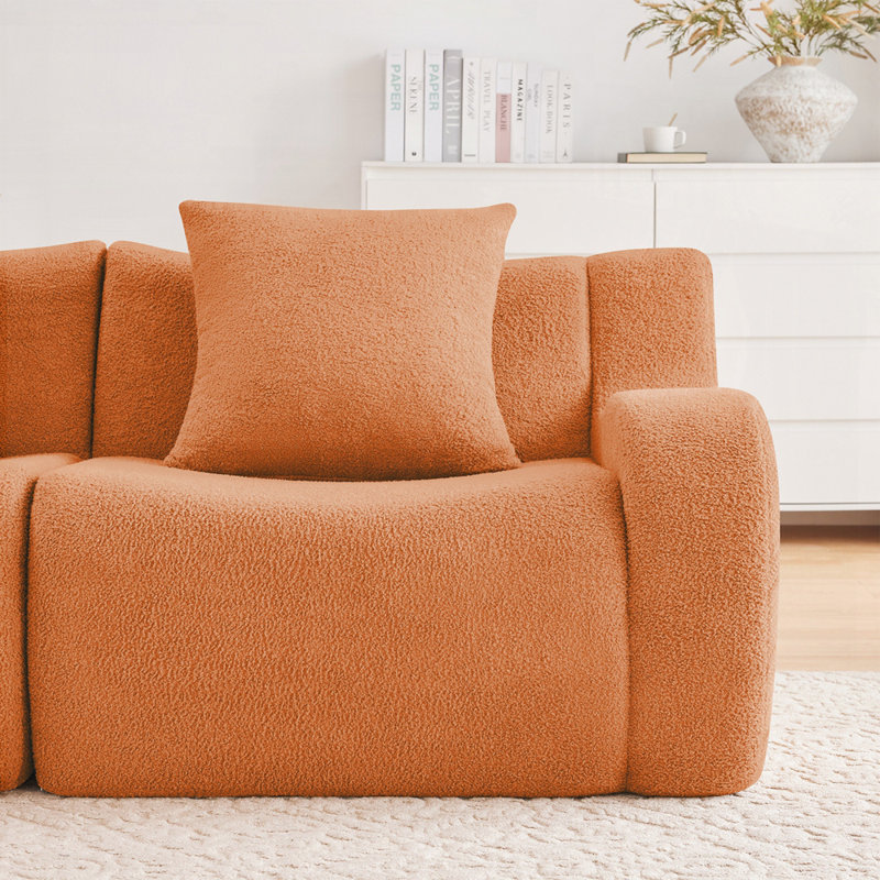 Canapé en forme de L à 2 places avec tissu en peluche, aucun assemblage requis, accoudoir incurvé, conception épurée, éponge à densité ergonomique pour le salon
