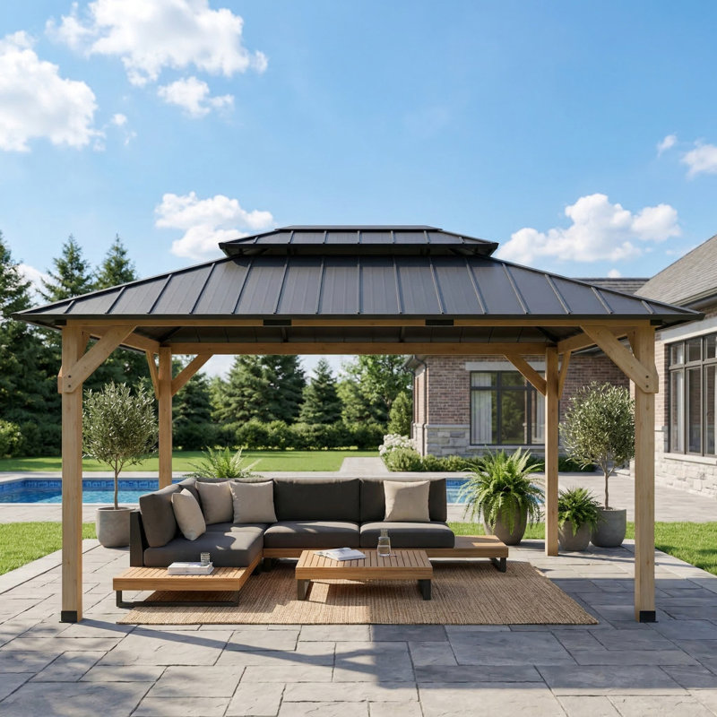 16 Ft. W x 12 Ft. D Outdoor Gazebo, Heavy-Duty Party Tent Shelter with Solid Wood Frame and Double-Layer Metal Ventilated Roof