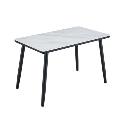 Modern Minimalist Rectangular Dining Table with Tempered Glass Top, Imitation Marble Texture, and Black Metal Tapered Legs for Versatile Indoor Use.