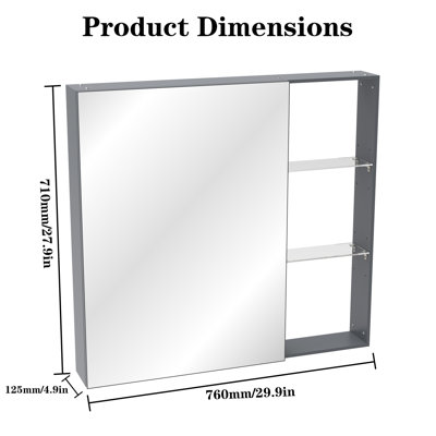 Miroir de salle de bain 30 po x 28 po et rangement, alliage d'aluminium, multiples tablettes, hauteur réglable, rangement brun noir avec miroir, matériau, ouverture silencieuse, grande capacité cloisonnée