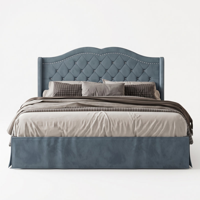 Almanzo Upholstered Velvet Wingback Bed, King, Blue