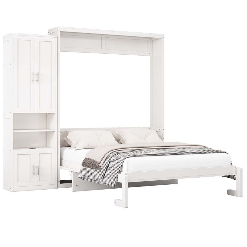 Lit escamotable multifonction en bois avec tablette de rangement latérale, Grand
