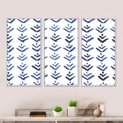 «Blue Triangular Geometrics», ensemble d'art mural sur toile encadré moderne de style Mid-Century