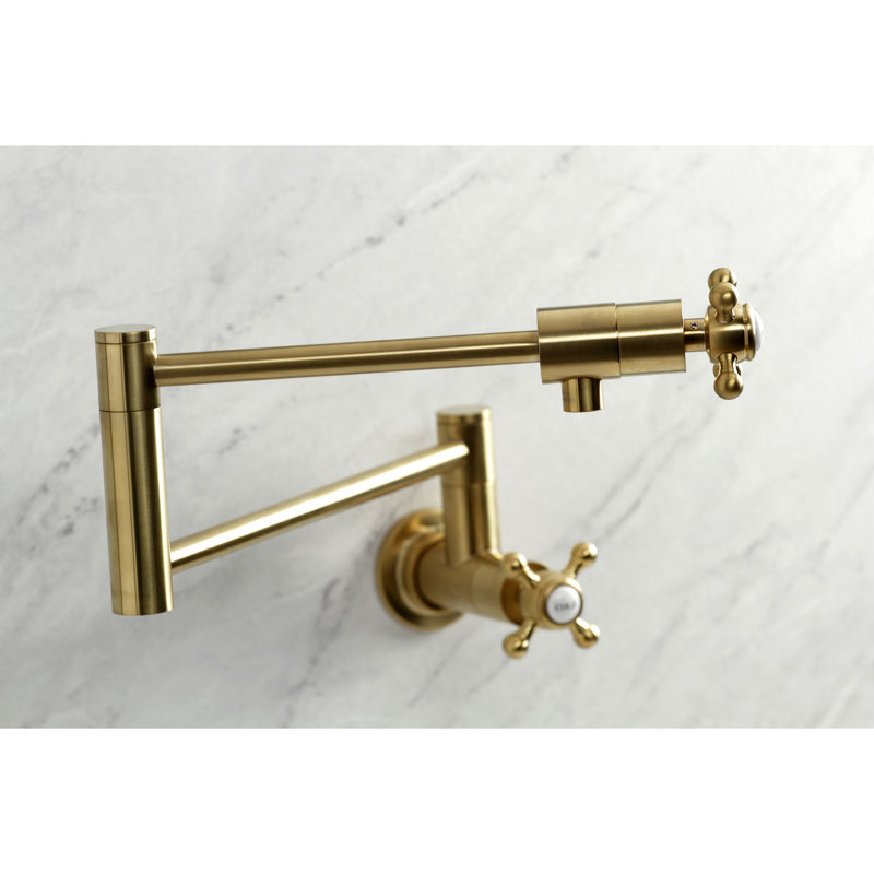 Kingston Brass Manhattan Two-Handle 1-Hole Wall Mount Pot Filler Faucet, Brushed Brass, Knob/Round Cross Handle