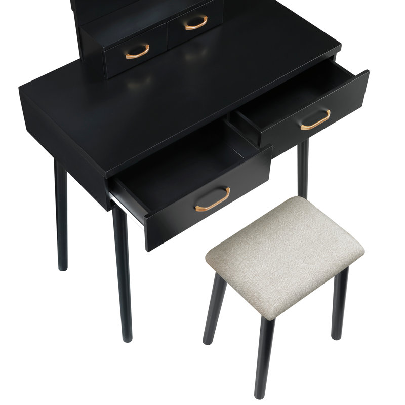Black Finish Vanity Dresser Set With Mirror, Stool, Storage Drawers, And LED Light | Gift Idea, Black