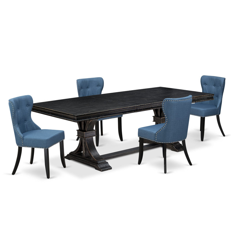L'ensemble de table de salle à manger 5 pièces se compose d'une table moderne et de 4 chaises de salle à manger en tissu de lin bleu Mid-Century avec dossier capitonné - Finition sable