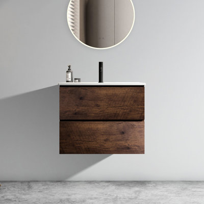 Meuble-lavabo moderne en noyer de 61 cm (24 po) - Grand espace de rangement, tiroirs silencieux, lavabo en céramique, meuble avec un trou pour robinetterie et plusieurs tiroirs