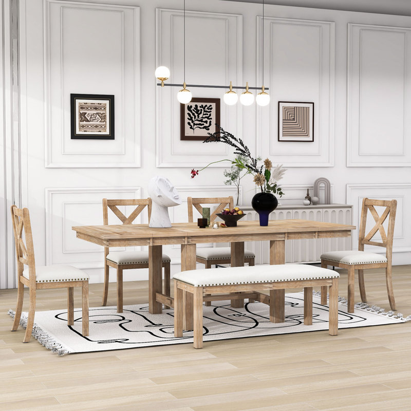 Stanely 6-Piece Extendable Dining Table with Footrest, 4 Linen Upholstered Dining Chairs and Bench, Natural