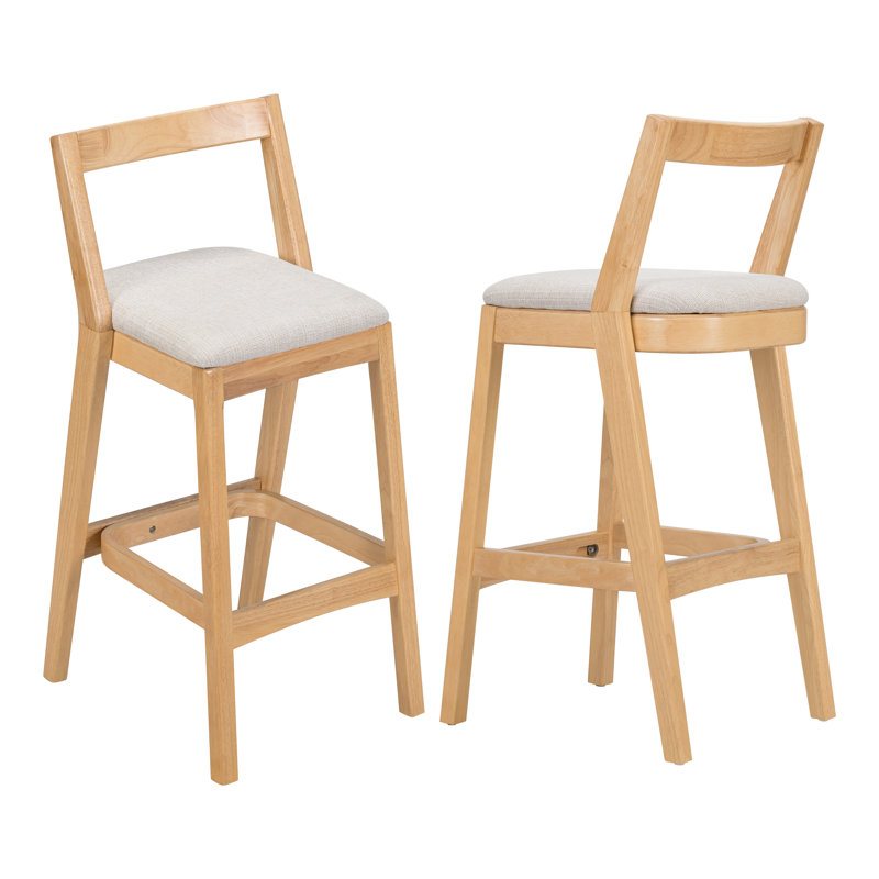 Orlen Modern Rubberwood Barstool With Upholstered Cushion And Low Backrest, Beige Seat/ Natural Frame