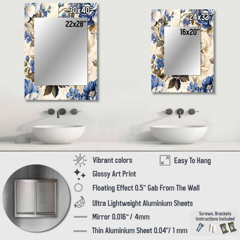 Cobalt Blue Cameo Trellis Victorian Pattern - Floral Mirror Wall Decor, 40" x 30"