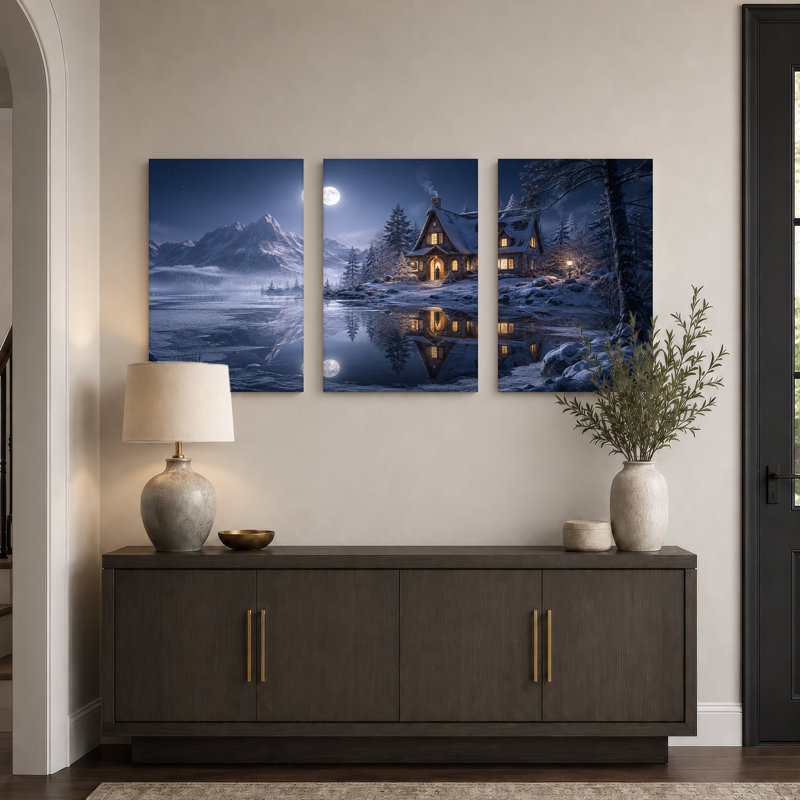 Ensemble de 3 toiles enneigées au clair de lune, H 24 po x l 16 po x 3 pièces
