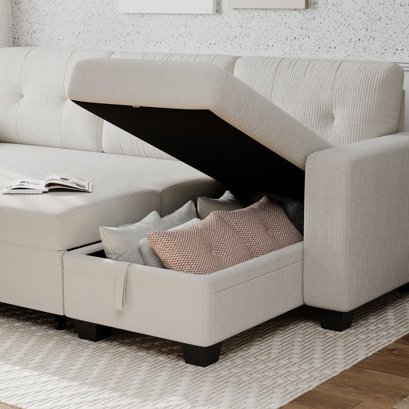 Jalencia L-Shaped Corduroy Upholstered Sleeper Sectional Convertible Sofa bed, Beige