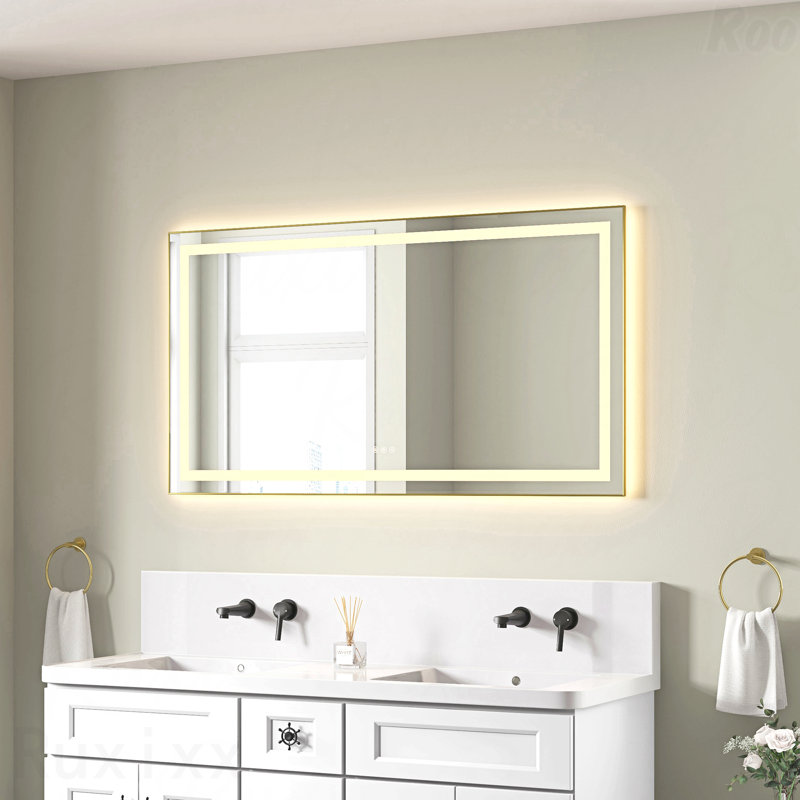 Miroir d'appoint 55 po x 30 po à DEL pour cadre de salle de bain, Doré, 30 po x 55 po, Rectangulaire