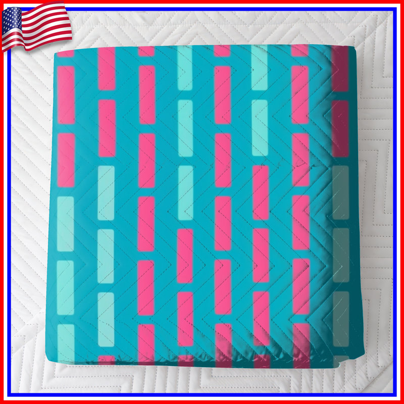 Blue Pink Rectangles Quilted Bedspread All Sizes, Queen