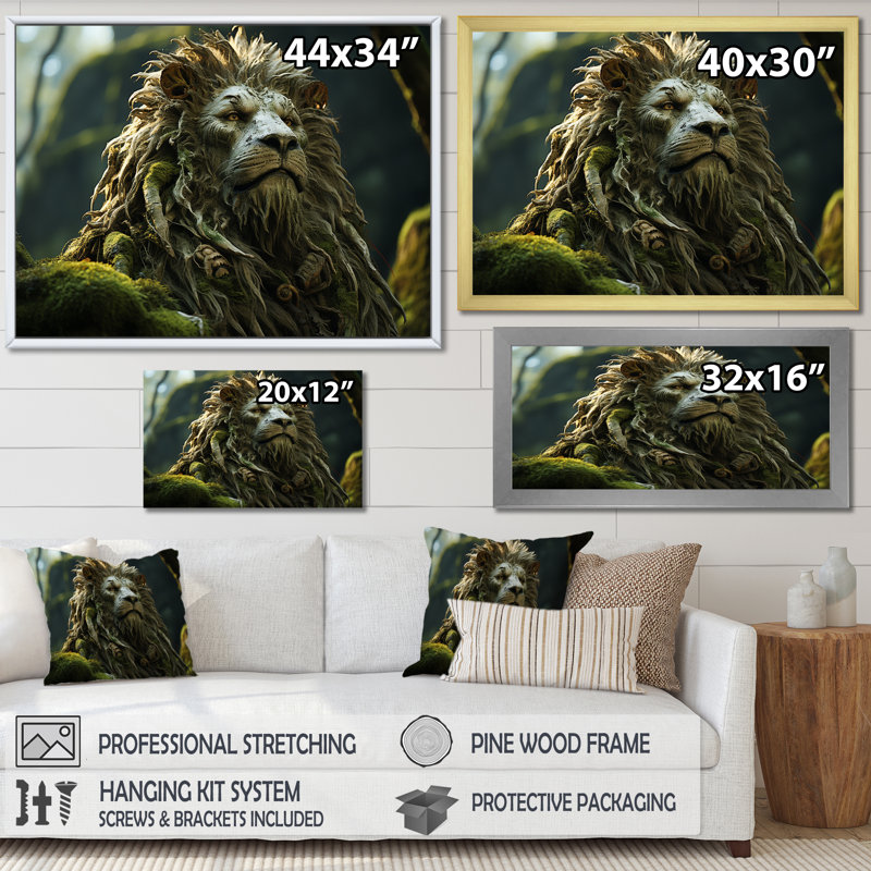 «Enchanted Lion Wilderness Fantasy» sur toile, Cadre flottant blanc, H 16 po x l 32 po x P 1 po