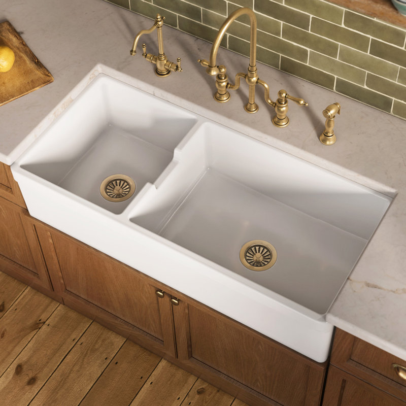 Glencove Fireclay 42" x 20" Double Bowl Reversible Sink with Beveled Front Apron and a Decorative Lip on the Opposite Side