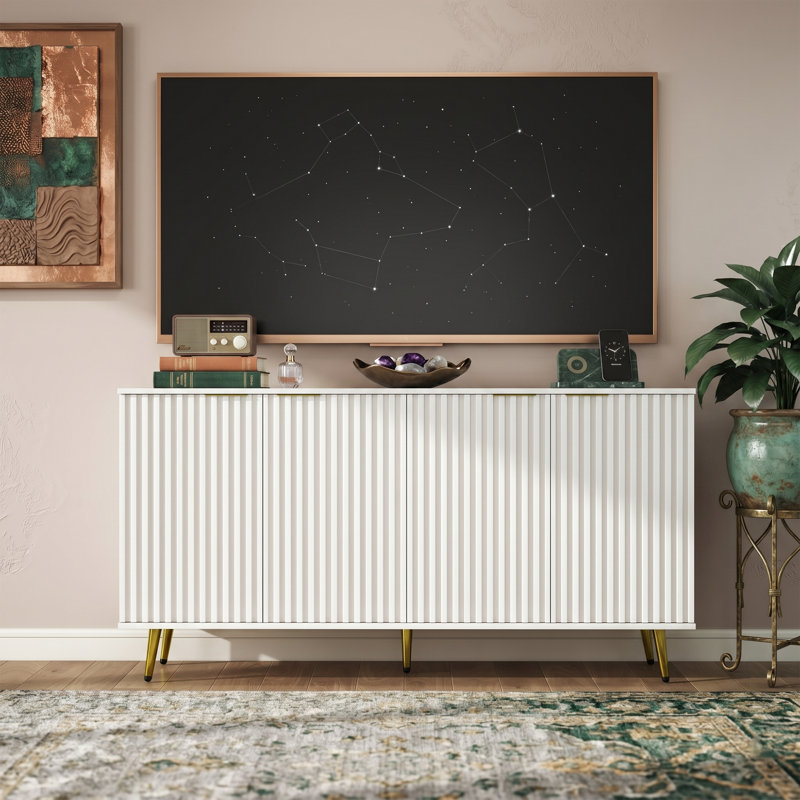 Buffet 60 "en noyer cannelé avec prise de courant, 4 portes et crédence, White