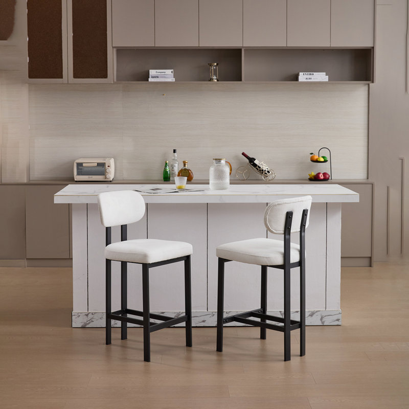 Set of 2 Upholstered Bar Stools with Sturdy Metal Legs for Various Spaces, Cream