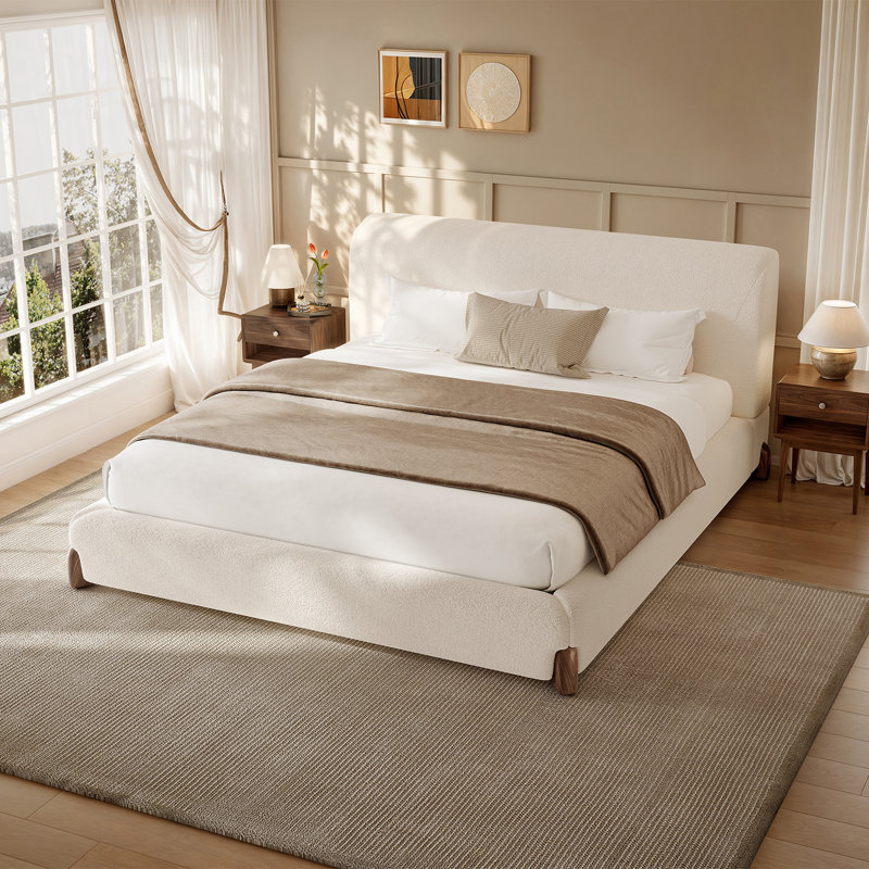 Upholstered Bed Frame with Thickness Headboard, Sherpa King Platform Bed With Wood Slats, King