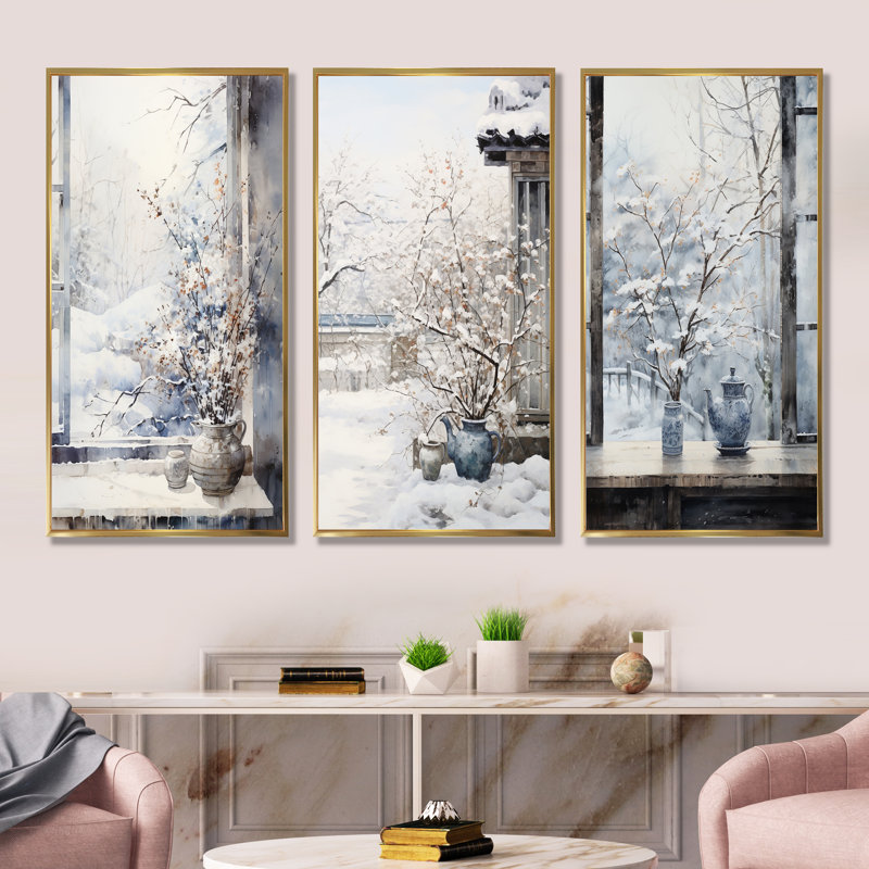 «Floral Snow Window View In Winter I», ensemble d'art mural sur toile Japon, Cadre flottant doré, H 32 po x l 48 po