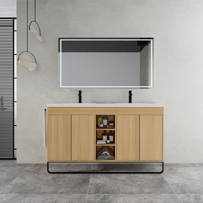 60" Freestanding Bathroom Vanity With Resin Double Sink, 4-Soft Close Door & 3-Open Storage Rack, KD-Packing, Plywood