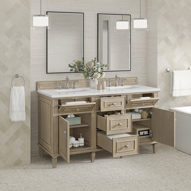 Lorelai 60'' W Double Vanity, Whitewashed Oak, White Zeus, 8" Widespread