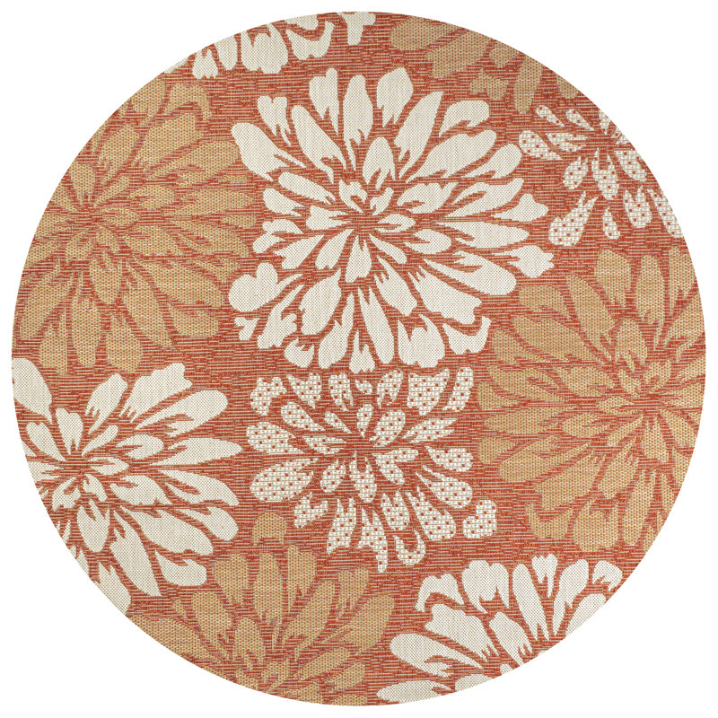 Zinnia Modern Floral Textured Weave Orange/Cream Indoor/Outdoor Rug, Round 5'3"