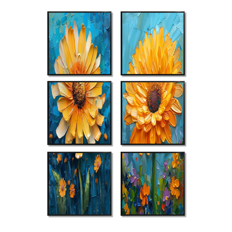 Ensemble de 6 fleurs de pissenlit jaunes et bleues - Pissenlit, Impression encadrée sans passe-partout, Noir