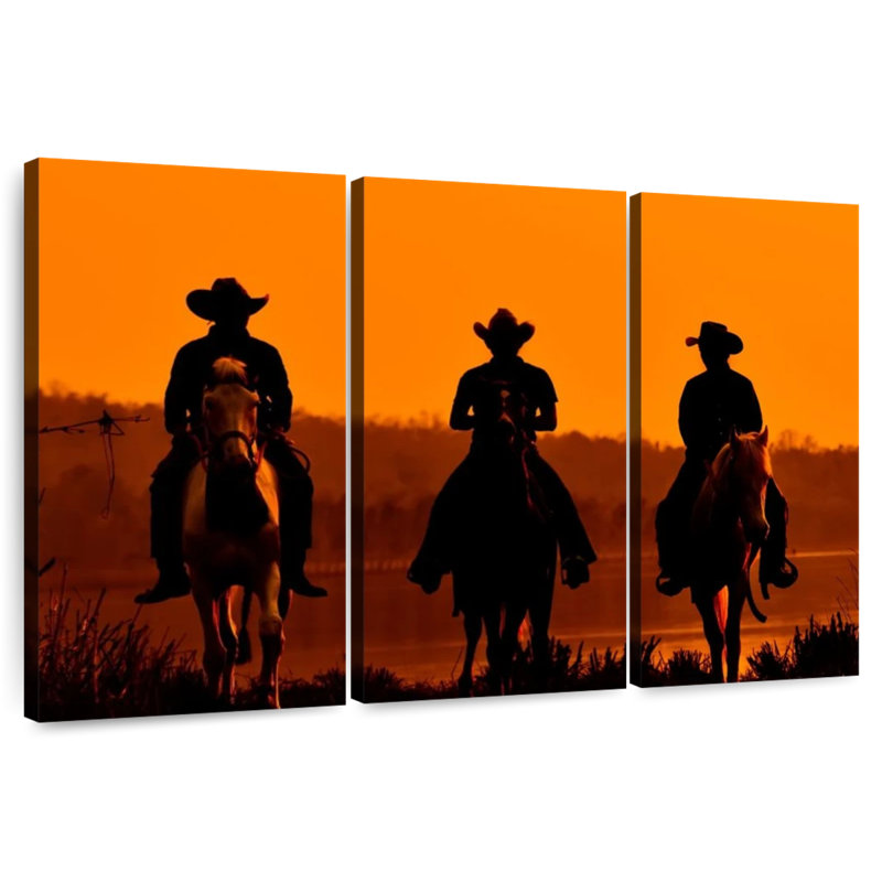 Cowboys Lelar au coucher du soleil, H 36 po x l 57 po