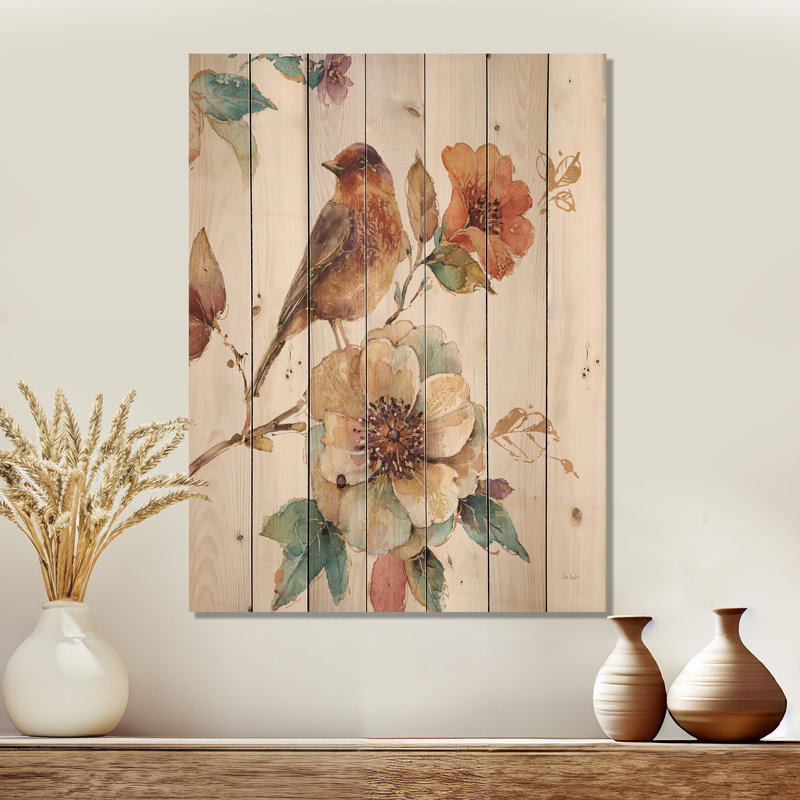 Oiseau de ferme sur une branche de fleur - impression traditionnelle sur bois de pin naturel, H 32 po x l 24 po x P 1 po
