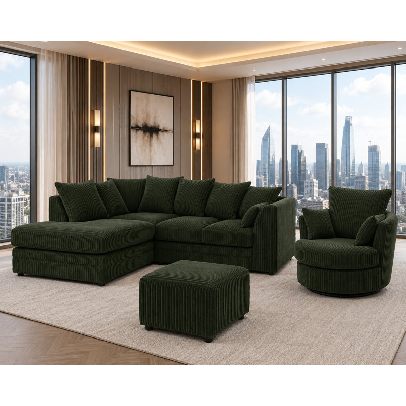 4 Seater Corduroy Sofa & Chaise, Forest Green
