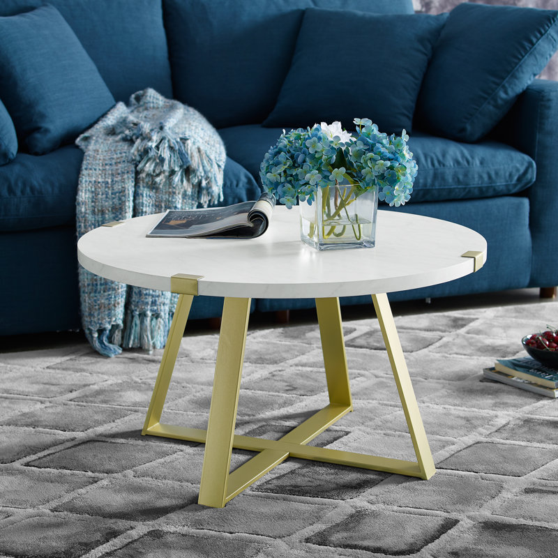 Paramus Cross Legs Round Coffee Table, White Marble, Gold