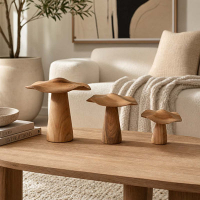 Handcrafted Teak Wood Mushroom Sculpture for Home Decorations - Decorative Objects Figurine for Living Room Decor - Set of 3, 8", 7", 5", Brown