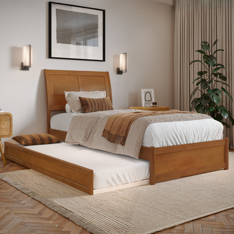 Lamayia Solid Wood Sleigh Platform Bed with Footboard & Roll Out Trundle, Light Toffee, Twin XL