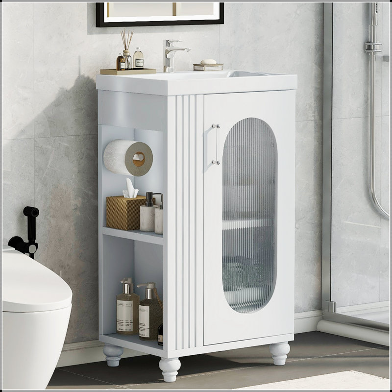 Meuble-lavabo de 20 pouces avec lavabo, tablette à deux niveaux, rangement réglable, bois massif et panneau de fibres à densité moyenne pour les salles de bain compactes