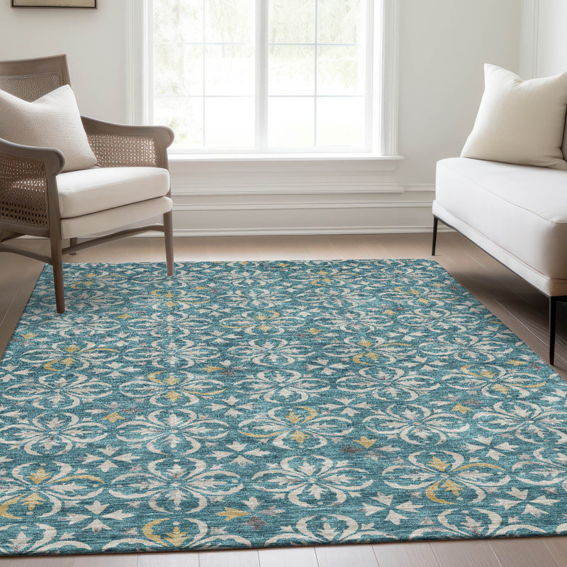 Premium Machine Washable Prisco Teal Rug, Rectangle 2'6" x 3'10"