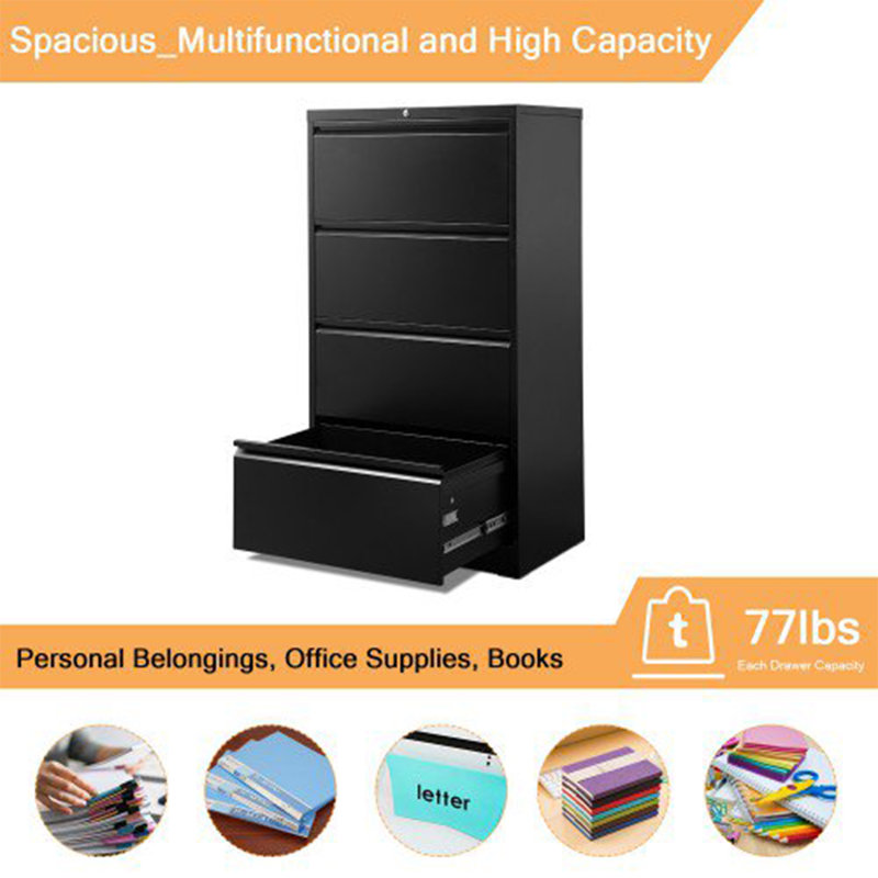 Masayo 4 Drawer Lateral File Cabinet with Lock for Office and Home Use, Black