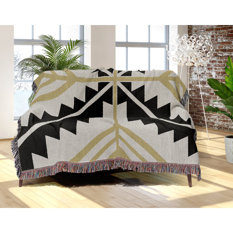 Jeté en mélange de coton Tala South Western, Noir / or terne / blanc cassé, L 60 po x l 50 po